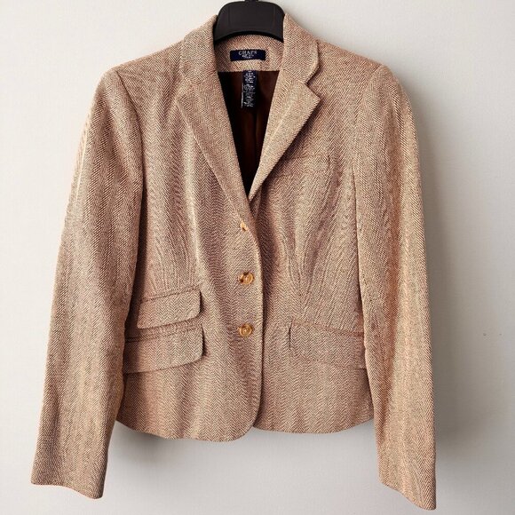 Vintage Chaps Ralph Lauren Petite Linen/Cotton Blend Houndstooth Blazer Brown - Picture 1 of 10